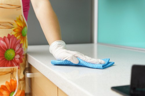 Domestic cleaning professional tidying a Clapham living room